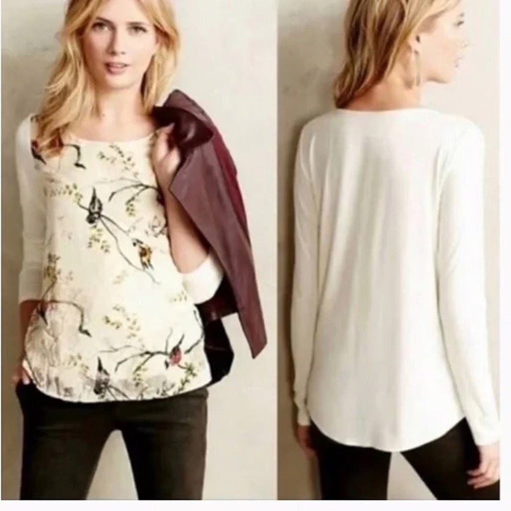 Anthropologie Deletta Bird Print Velvet Burnout‎ Mixed Media Top Ivory Small